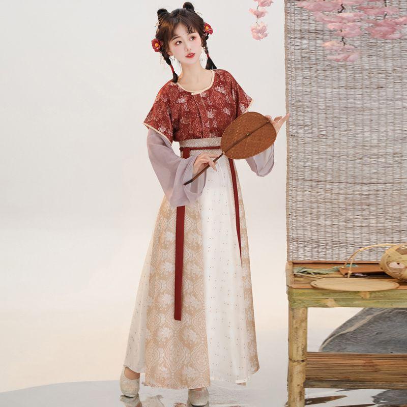 Traditional Tang Dynasty Style Hanfu Set: Printed Beizi Top Round Neck Shirt Waist-High Eight-Panel Skirt