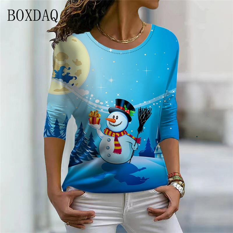 Santa Claus And Snowman Pattern Women Streetwear T-shirts Autumn Winter Long Sleeve 3d Print Christmas Style Ladies Casual Tops