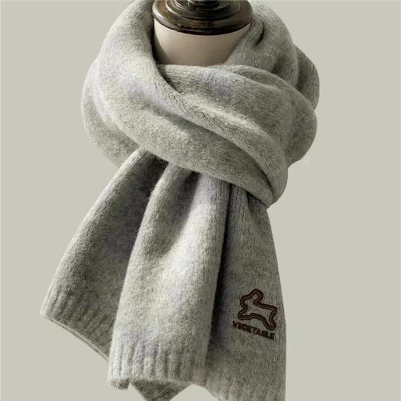 Autumn and Winter Retro Wool Student Scarf for Women Korean Embroidered Rabbit Warm and Versatile Knitted Scarf Solid Color Shawl