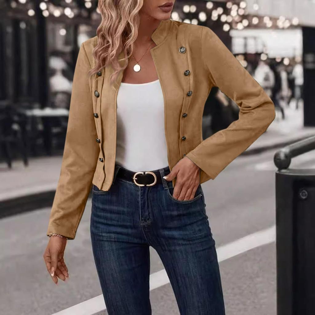 Chaqueta Crop Ajustada de Manga Larga con Abertura Frontal Casual de Negocios para Mujer