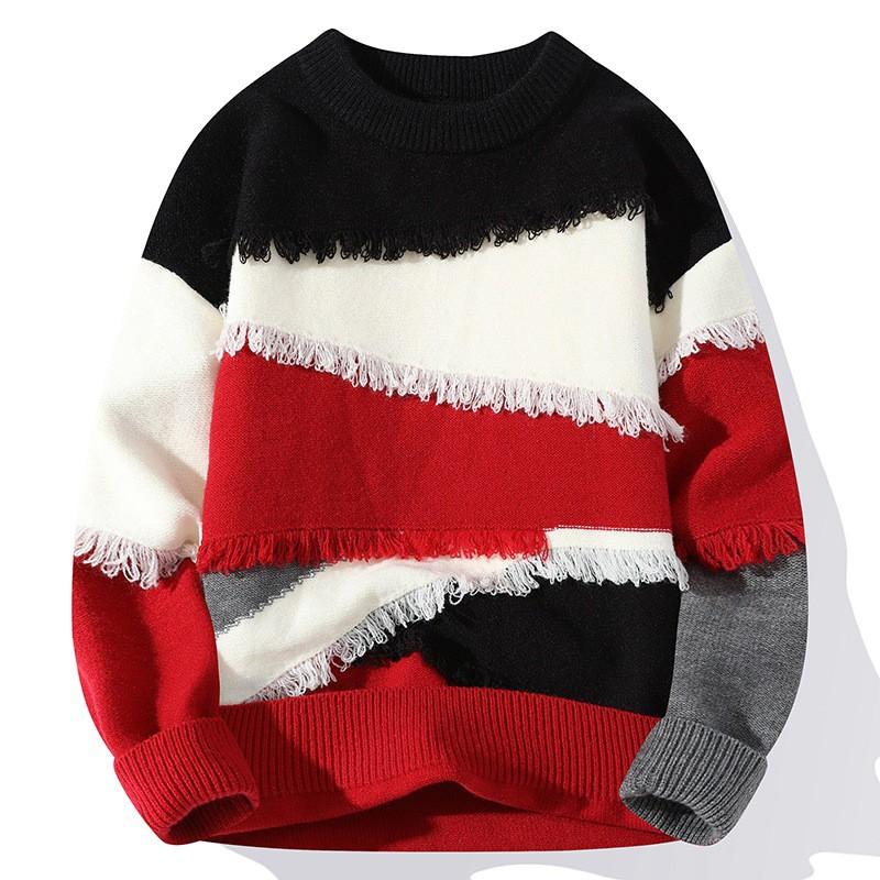 Mens Winter Loose Fit Knit Sweater With Color Block Design Round Neck Long Sleeve Casual Pullover Young Adults