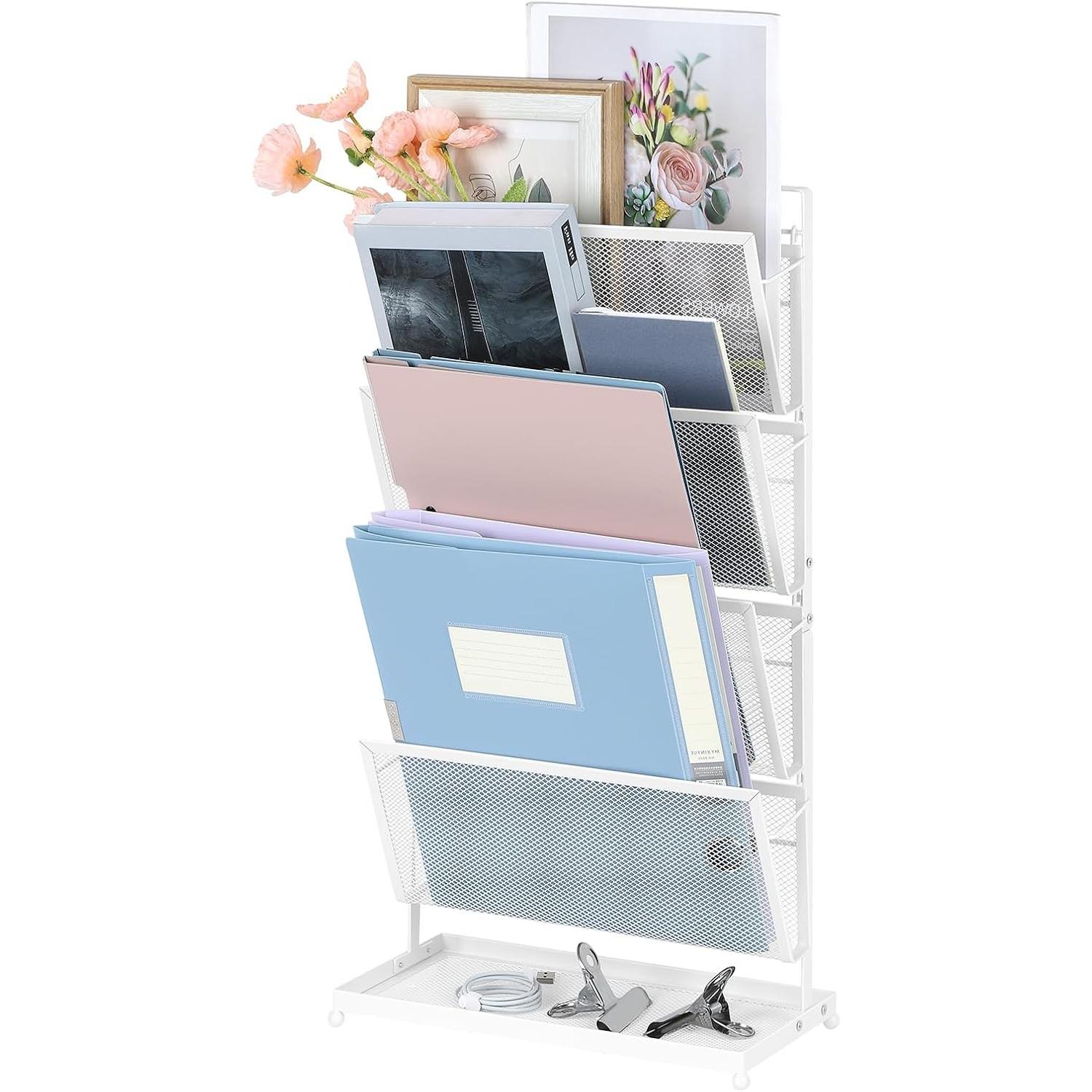 

4-уровневый металлический сетчатый настольный органайзер с лотком для бумаги, вертикальный держатель для файлов для почты, журналов, полка для хранения для офиса, дома, белый
