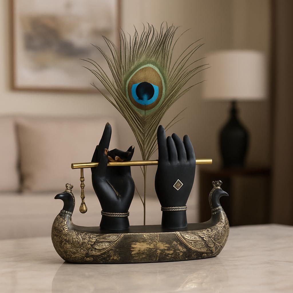 Mariner's Creation Decorative Krishna Hand Showpiece with Metal Flute and Peacock Feather