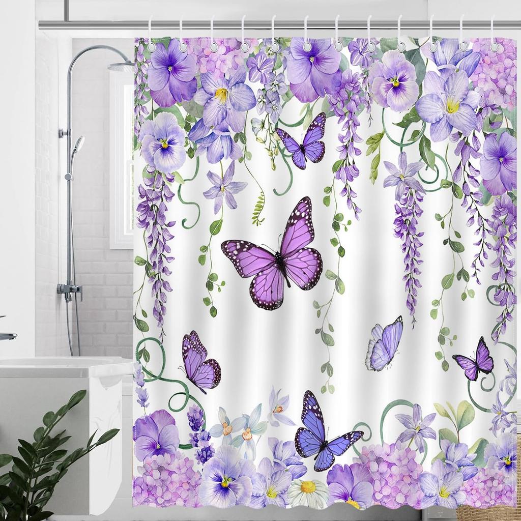 Mocsicka Purple Butterfly Shower Curtain Spring Purple Floral Butterfly Bathroom Shower Curtain Nature Garden Plant Waterproof Fabric Shower Curtain