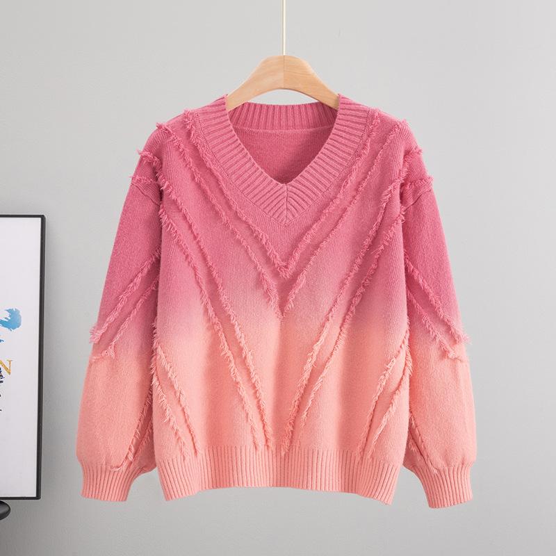 

2025 Осень и Зима Новый Градиентный Ленивый Свободный Свитер Женский V-образный вырез Универсальная Вязаная Куртка Топ one size розовый