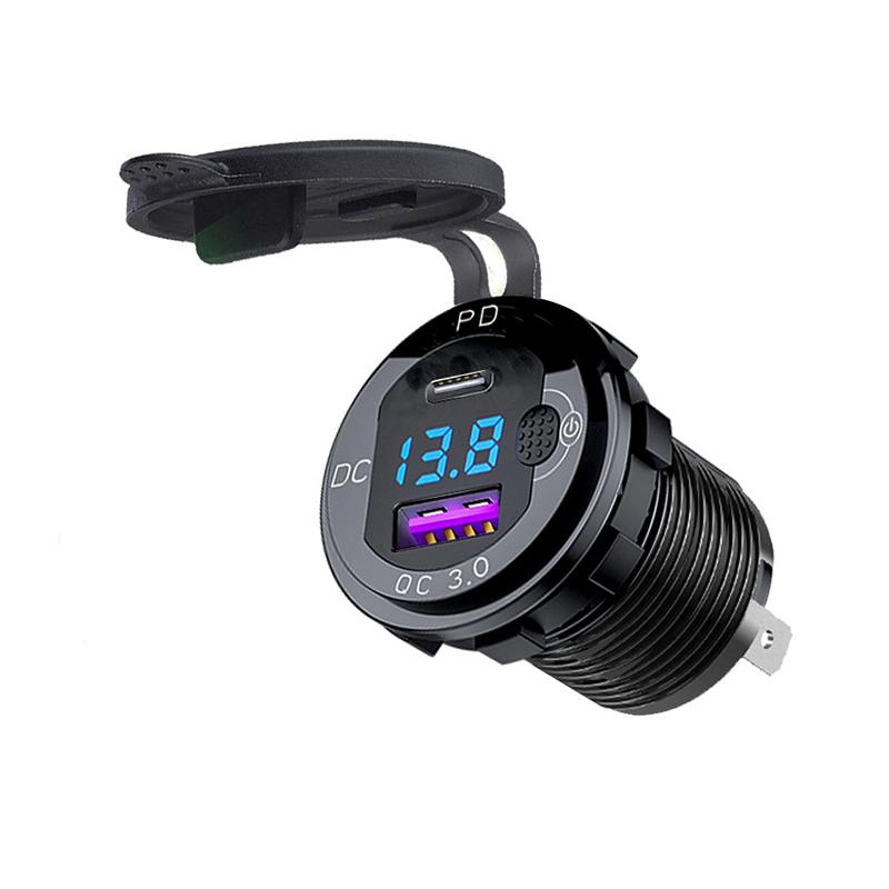 

Алюминиевая автомобильная зарядная розетка USB C, 12 В, PD 20 Вт и QC3.0, 18 Вт, двойной автомобильный порт USB с переключателем вольтметра для морского автомобиля, грузовика синий