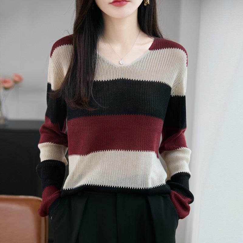 

Women s Korean Style Color Block Striped Knit Sweater - 2025 Autumn French Loose Fit M