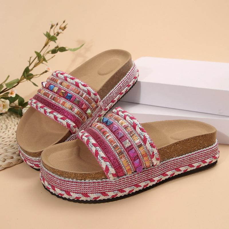 Fashion thick-soled slippers women's rivets hemp rope large size rhinestone beach slippers