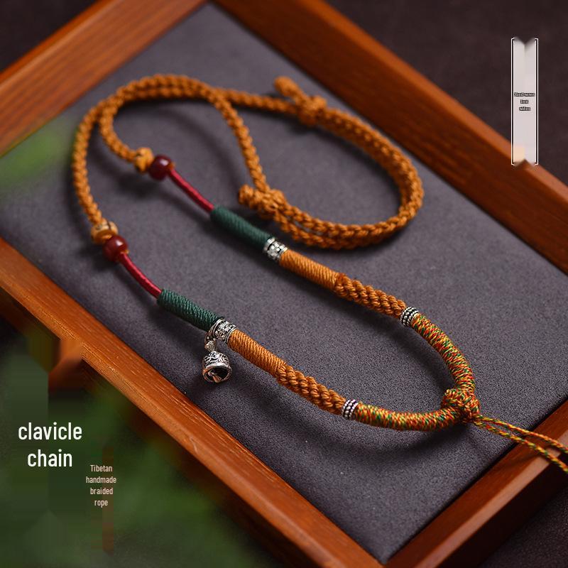 Tibetan Silver Cotton Necklace with Ethnic Cow Bone Thangka Pendant