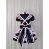 New Japanese Lolita Black Pink Maid Costume with Cute Cat Bow