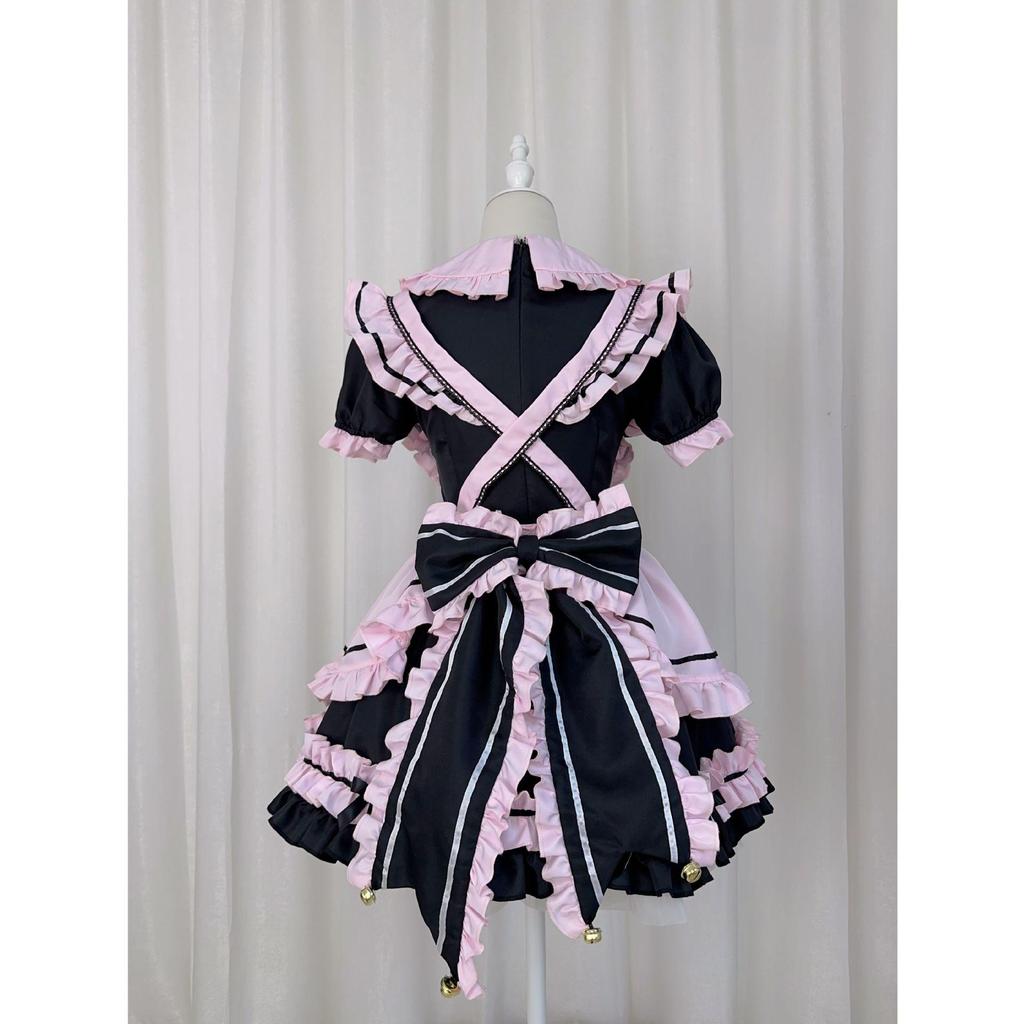 New Japanese Lolita Black Pink Maid Costume with Cute Cat Bow