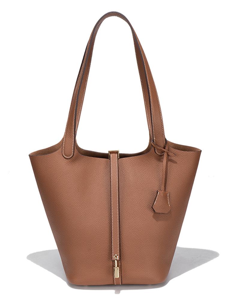 Extra Large Genuine Leather Single Shoulder Market Basket Bag - Top Layer Cowhide Exquisite Women's Handheld Bucket Bag