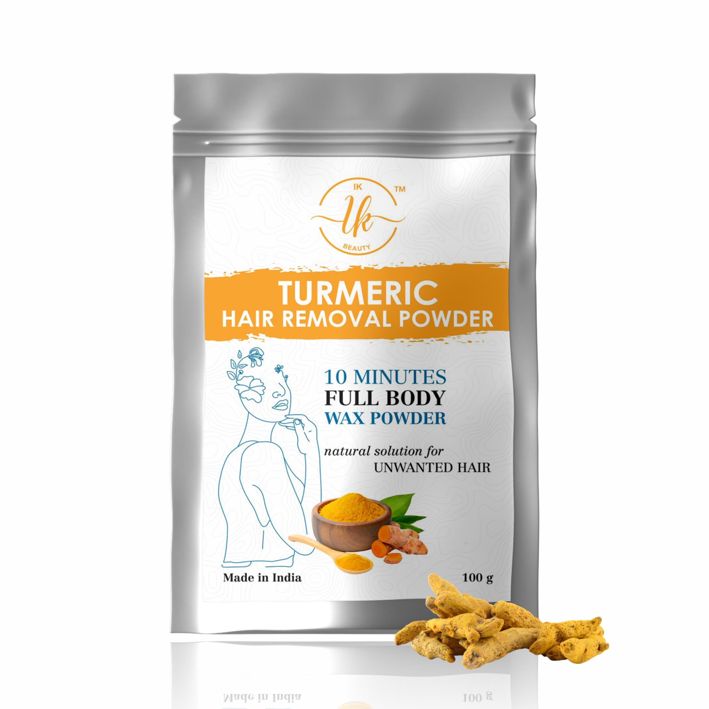 

I K Beauty - Turmeric Full Body Wax Powder, 10 min Painless Natural Face and body Hair Removal Waxing Powder, Easy to use at home, No harmful che
