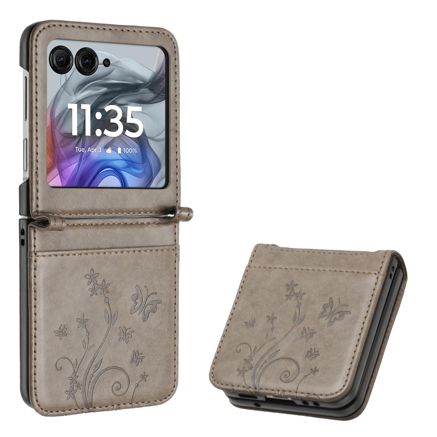 

Кожаный чехол для Motorola Razr 60/50 5G с тиснением в виде бабочки и цветка, чехол для телефона с ремешком Grey