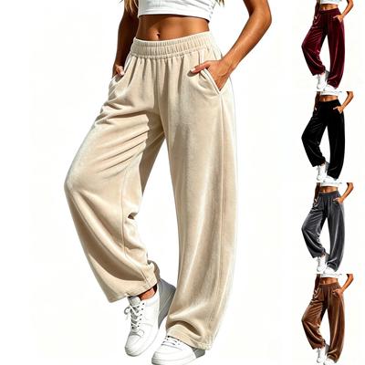 Women's Fashion Velvet Wide Leg Pants with Elastic Waist for Casual Sporty Daily Wear