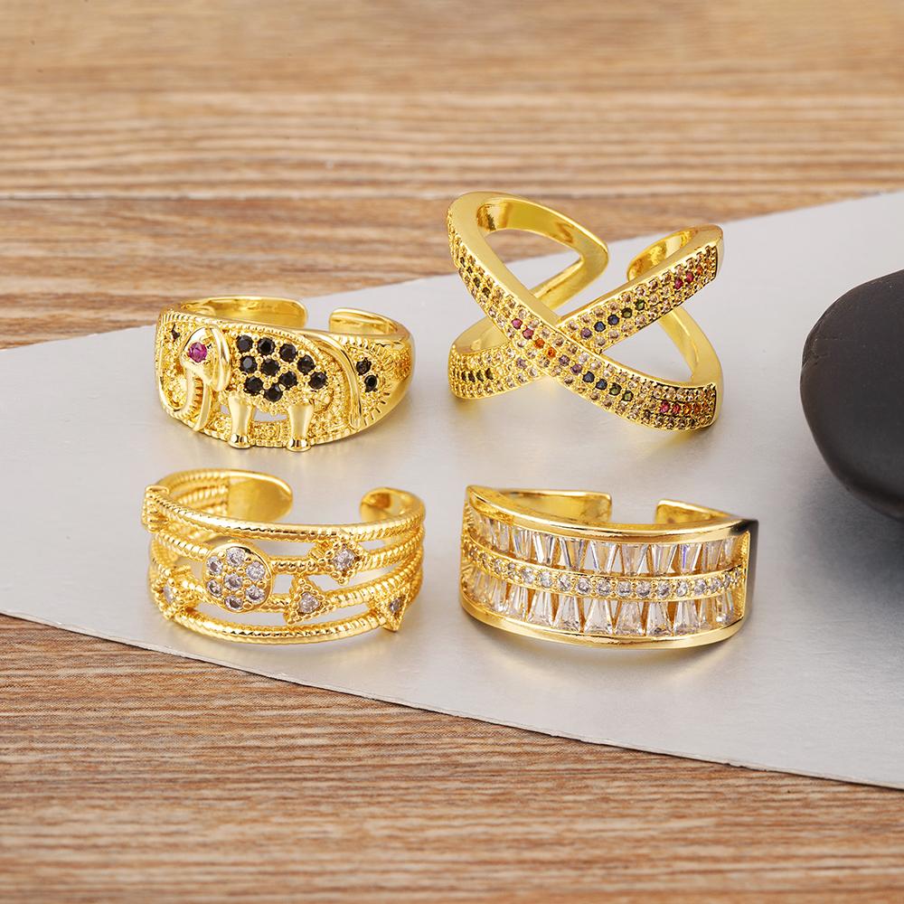 Nidin New Arrival Round/Cross/Elephant Shape Punk Style Open Rings Adjustable For Women Men Pave Colorful Zircon Jewelry Gifts