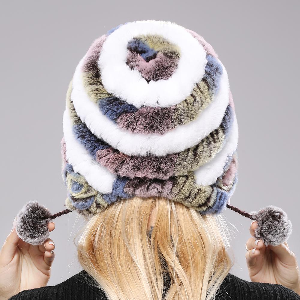 Winter Hats for Girls Women's Fur Hat Real Rex Rabbit Cap Floral Knitted Hat with Balls Skulls Beanies 55-59cm