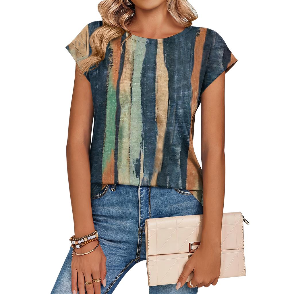 Women's Loose-Fit Fashionable Casual Vintage Print Cap-Sleeve T-Shirt Top