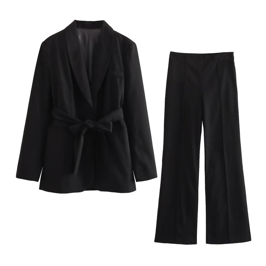 Büro Dame Weiß Blazer Anzüge Frauen Langarm V-ausschnitt Schärpen Blazer Hohe Taille Breite Bein Lange