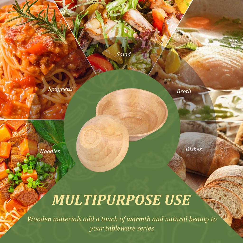 2Pcs Wooden Salad Bowl Multipurpose Dessert Fruit Snacks Bowl Medium Large Size for Bread Instant Noodles Pasta Fruit Bowls