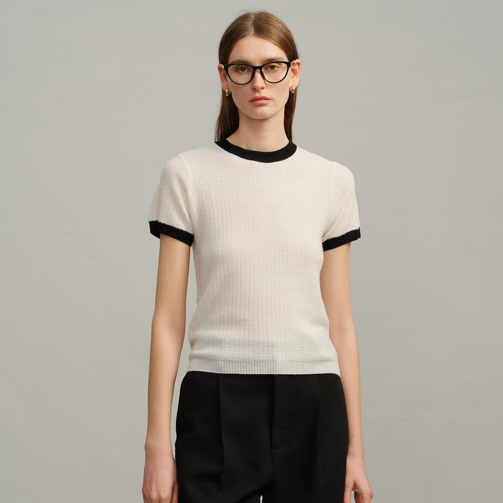 Women's 100% Wool Short-Sleeve Color Block Sweater - Warm, Comfortable, Versatile Round Neck Base Layer Knitwear for Autumn/Winter.