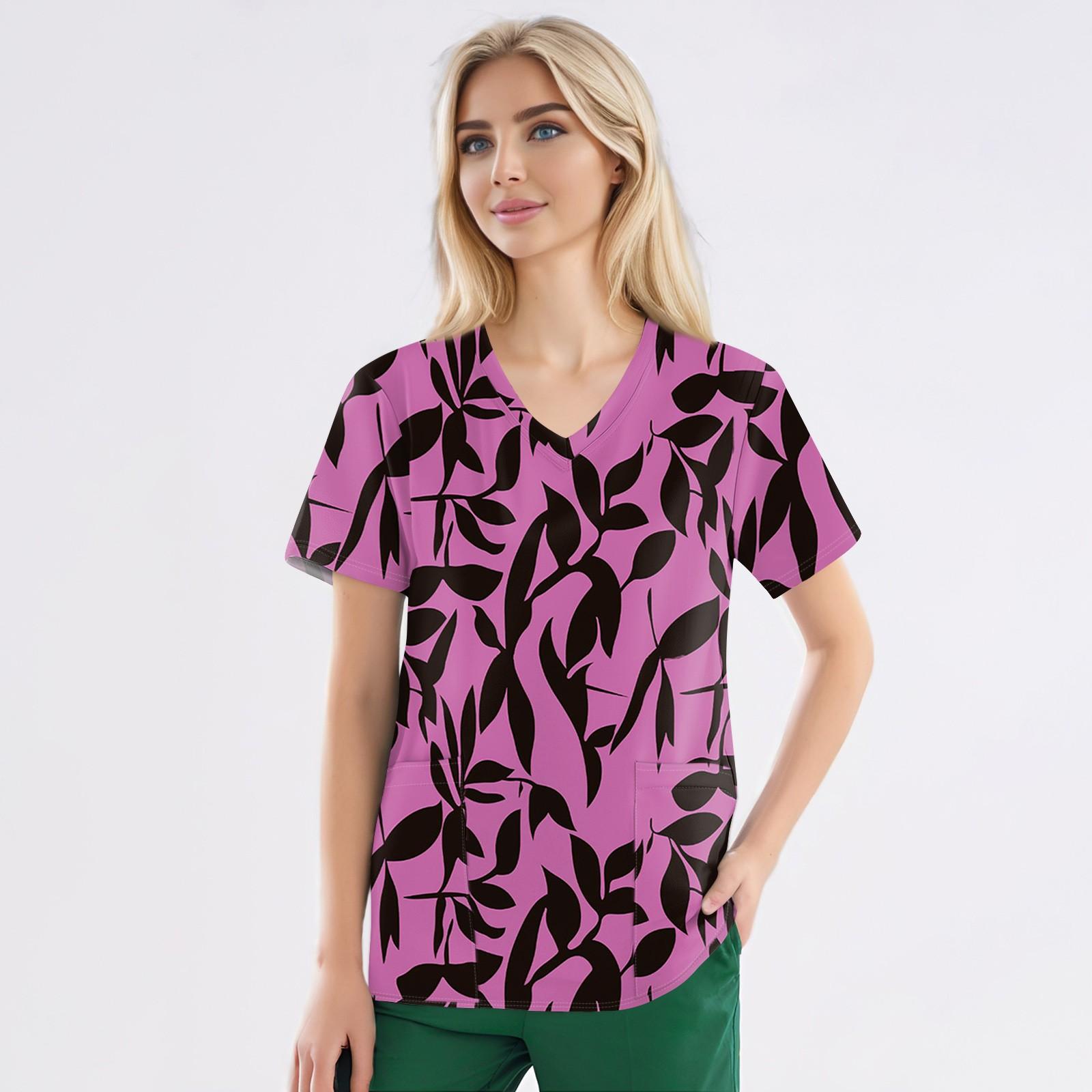 

Рабочая форма больших размеров с принтом, топы для женщин, забавные футболки с v-образным вырезом и короткими рукавами, рабочая одежда, футболка с карманами S фиолетовый