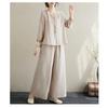 Women Linen Cotton Two Piece Outfit, Embroidered 3/4 Sleeve Top And Wide Leg Pants Set For Casual Daily Wear