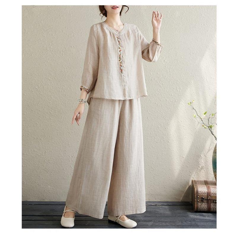 Women Linen Cotton Two Piece Outfit, Embroidered 3/4 Sleeve Top And Wide Leg Pants Set For Casual Daily Wear