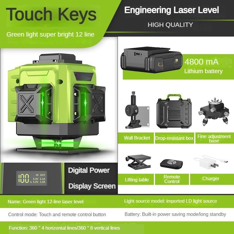 4D 12/16 Line Green Light Laser Level  Automatic Self Leveling Laser Projector 360° Horizontal Vertical Cross Measure Tool