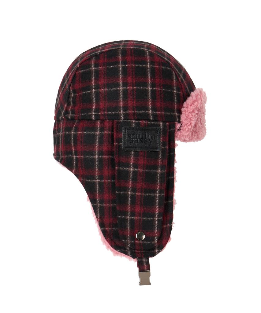 Yueolssesi Fuzzy Bunny Check Trapper Hat (Red)