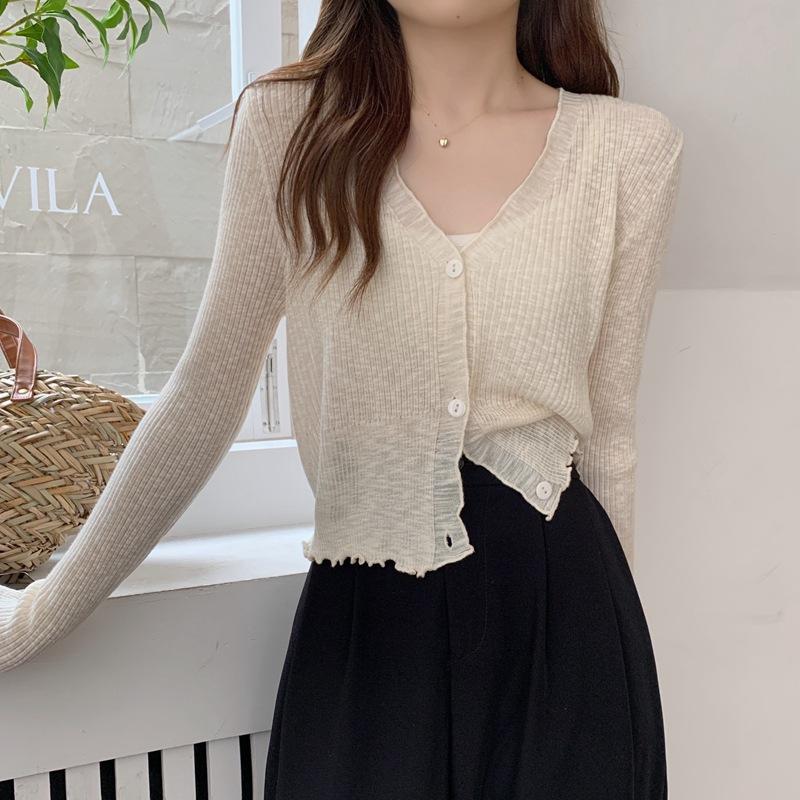 Ležérní ledový hedvábný krém na opalování Pletená halenka Cardigan Dámské letní tenké modely Šatka s dlouhým rukávem Krátká malá bunda Tide