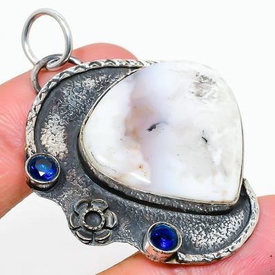 Natural Dendrite Opal, Topaz Gemstone 925 Sterling Silver Pendant 2.21" R0J00