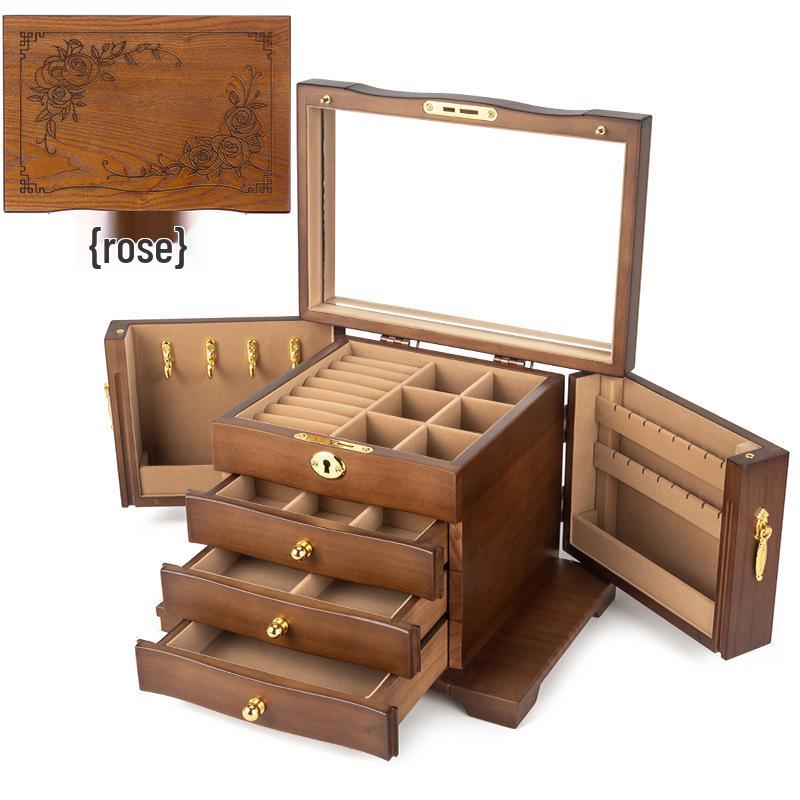 High-End Vintage Solid Wood Multi-layer Jewelry Box with Lock - Large Capacity for Necklace & Ring Storage