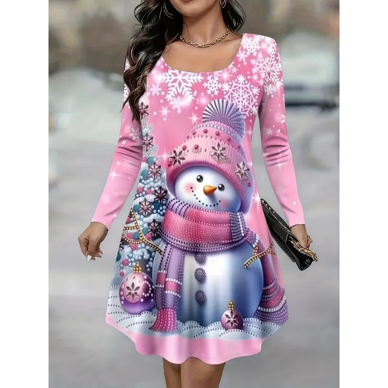 Abiti Stampati Pupazzo di Neve di Natale per Donna Invernali Manica Lunga Linea ad A Moda Casual Carini Vestiti da Festa per Signore Vestidos