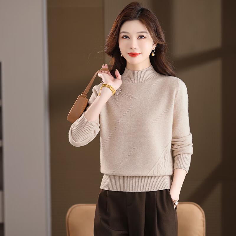 Fengxun Women's 100% Pure Wool Semi-High Neck Sweater