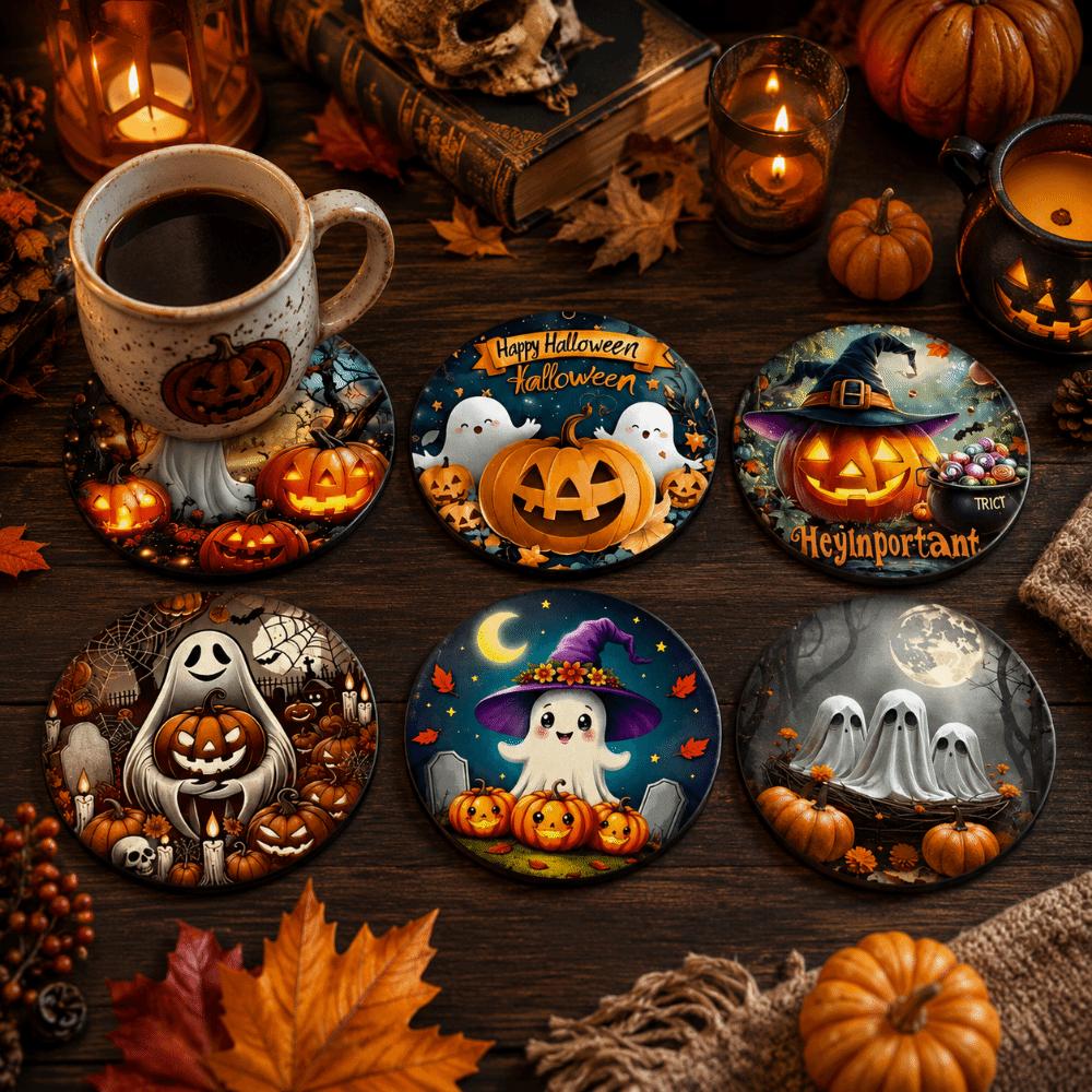 6pcs Wooden Halloween Coasters Pumpkin Heat Insulation Pad DIY Tableware Mat Cafe
