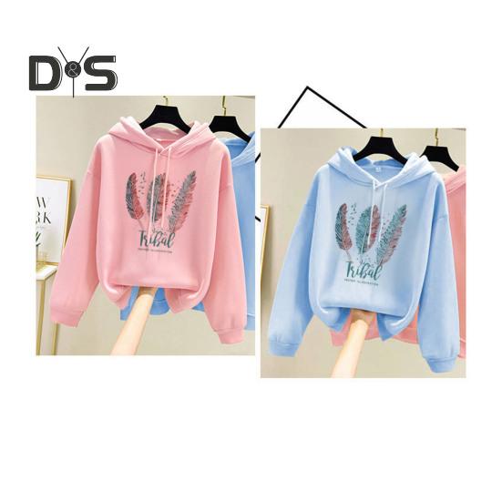 Fall Winter Hoodie Feather Print Long Sleeve Thick Loose Soft Drawstring Hooded Unisex Keep Warm Casual Elastic Cuff Women Men Hoodie