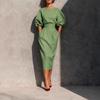 Women Orange Puff Sleeve High Waist Midi Dress with Pockets