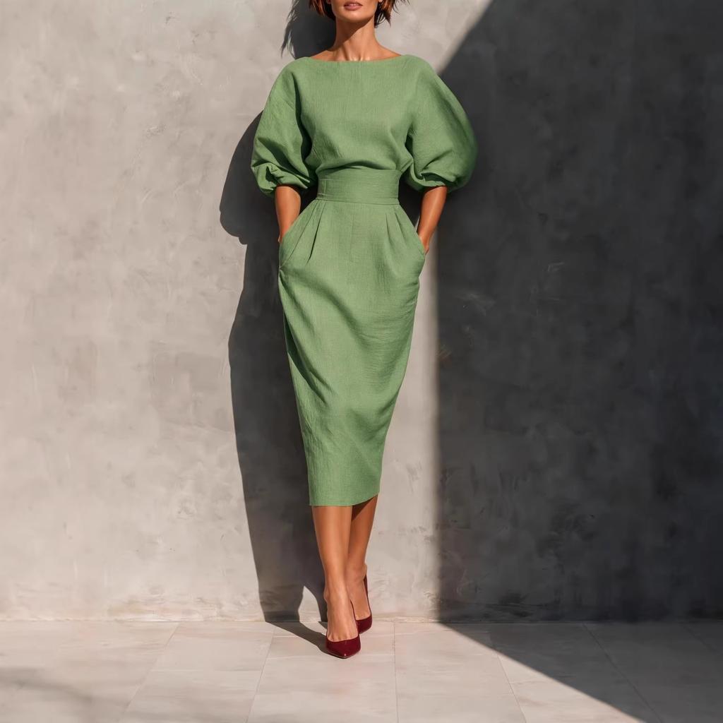 Women Orange Puff Sleeve High Waist Midi Dress with Pockets