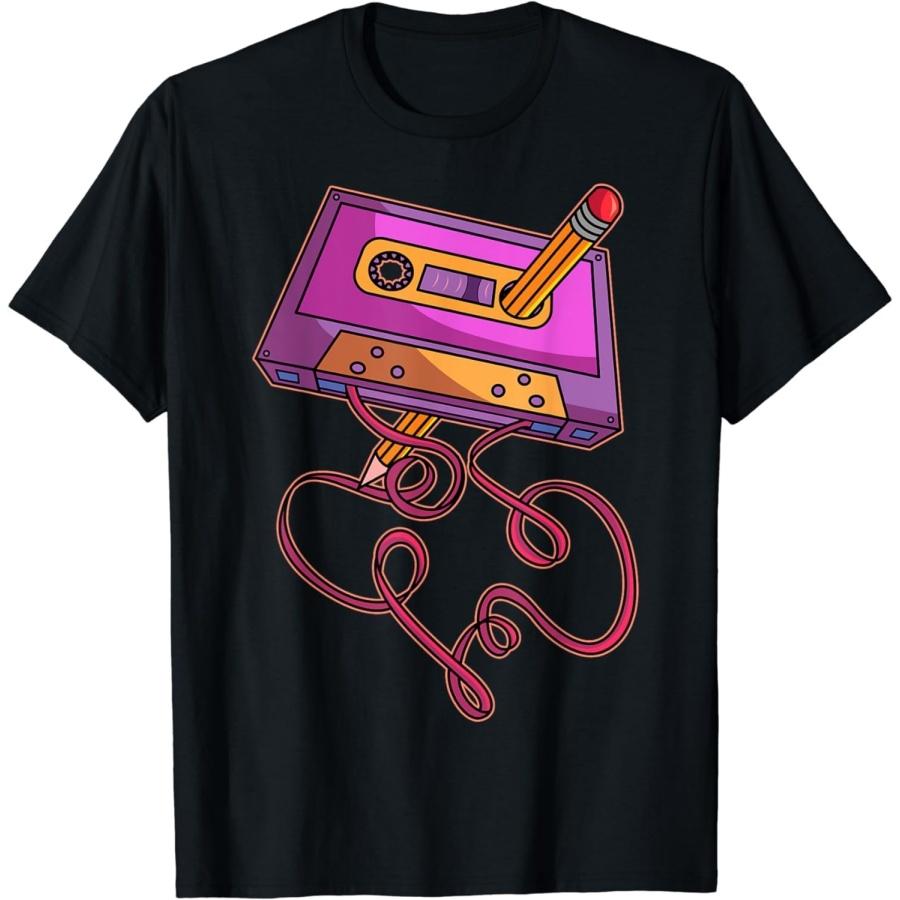

YYUUYUU 80s Cassette Tape Pencil 1980s Retro Vintage Throwback Music Short Sleeve T-Shirt XXXXXL чорний