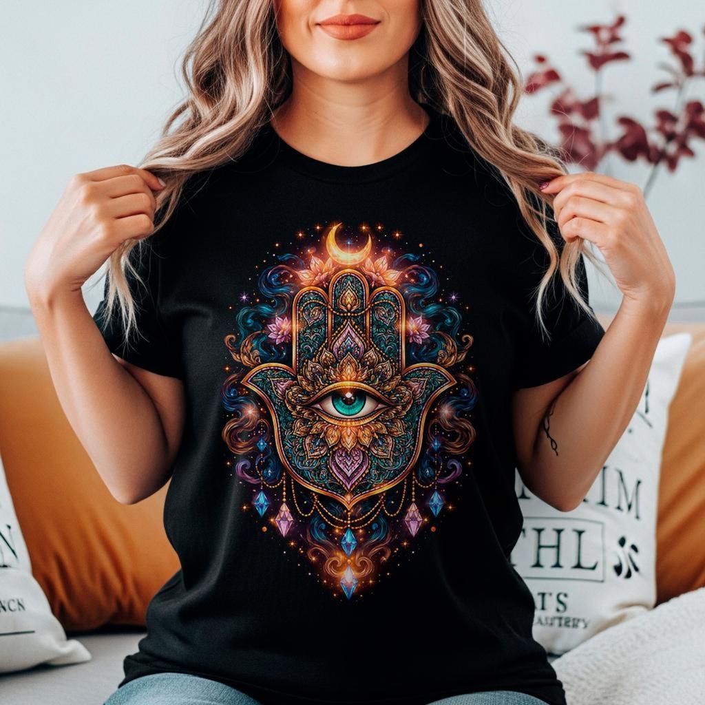 Hamsa T-Shirt: Mystic Hand of Fatima Shirt, Spiritual Pagan Witch Tee, Eye Protection Boho Unisex Gift