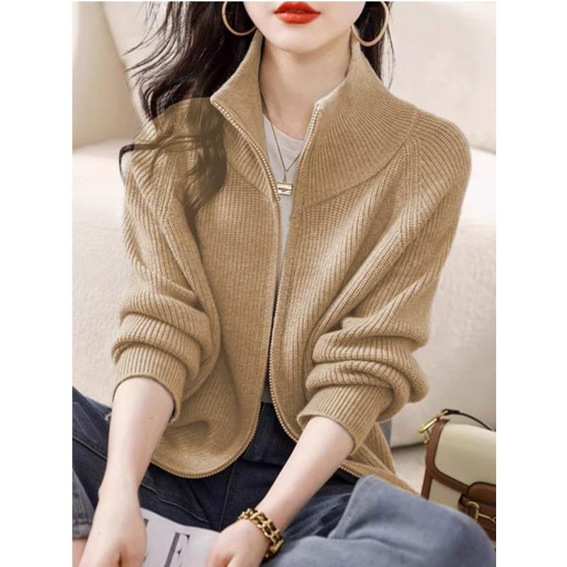 Autumn/Winter Fashion Cardigan Knitted Women Sweater Elegant Long Sleeve Zipper Loose Casual Office Top New Stand Collar Jacket