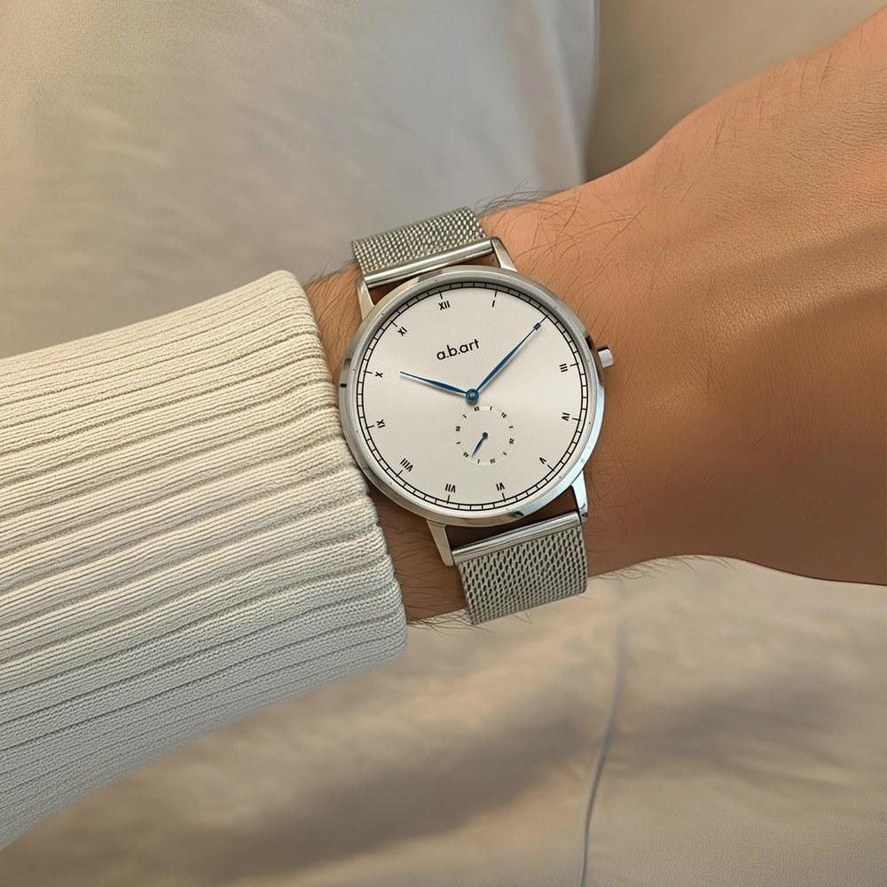 a.b.art Men's Watch Small Seconds Swiss Ronda Quartz Sapphire Crystal Classic Railways Dial Silver Milanese Bracelet Ultra-Thin Stainless Steel Case