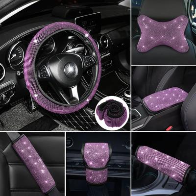 6Pcs Diamond Crystal Car Accessories Set Steering Wheel Cover Seat Belt Shoulder Pad Armrest Mat Shift Handbrake Cover Headrest