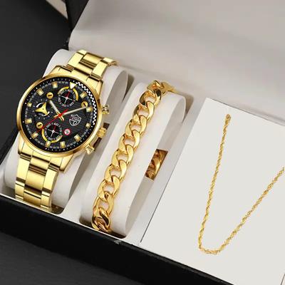3pcs/set, 1pc Fashion Men's Calendar Quartz Watch, Casual Stainless Steel Wrist Watch & Bracelet & Necklace