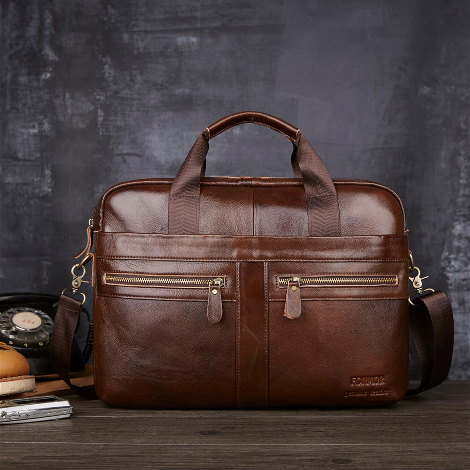 

Men Bag Handbag Leather Computer Bag Briefcase Double Zipper Shoulder Bag One Size коричневий