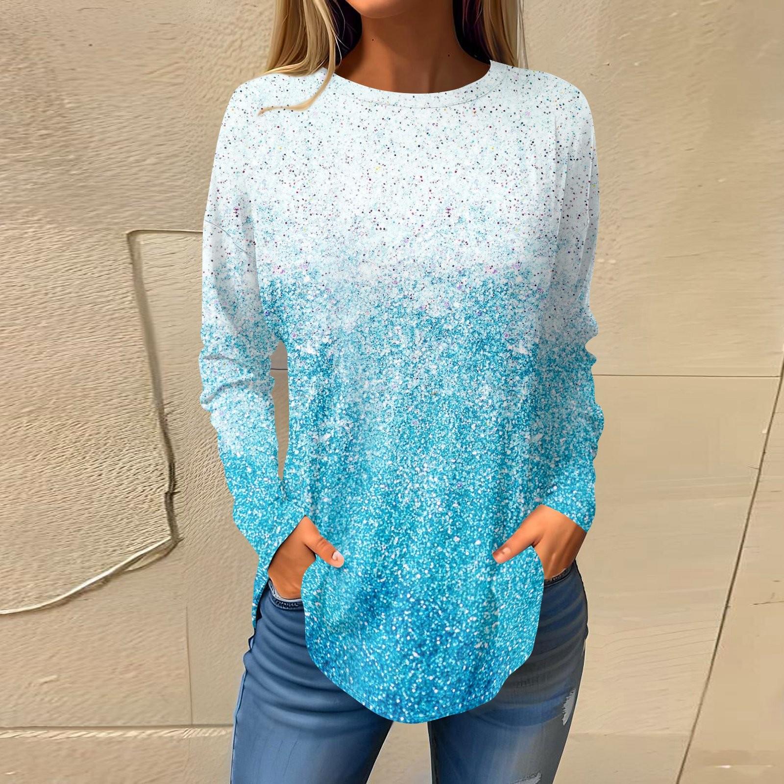 

Жіночі футболки для осені Повсякденні сорочки з довгими рукавами Світшоти Вінтажний верхній пуловер з графічним принтом Різдво S синій