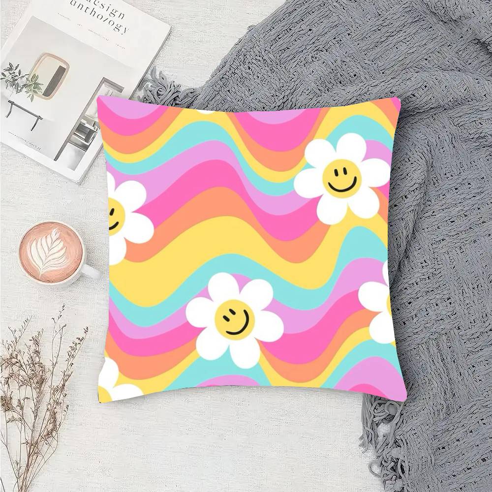 Flower Smiley Face Pillow Case Fashion Square Pillowcase Bedroom Sofa Room Ins Decoration Leisure