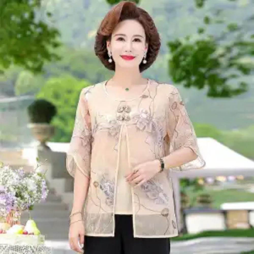 Elegant Commute Printed Spliced Fake Two Pieces T-shirt Summer New Fashion Women's Clothing Casual 3/4 Sleeve Round Neck Tops