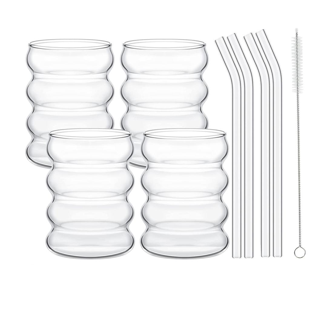 1/2/4 Adet Cam Pipetli Bardak Dalga Şekilli Cam Bardaklar Bira Bardakları Buzlu Kahve Termosu Bardak 350ml Kupa Kahve Bardakları